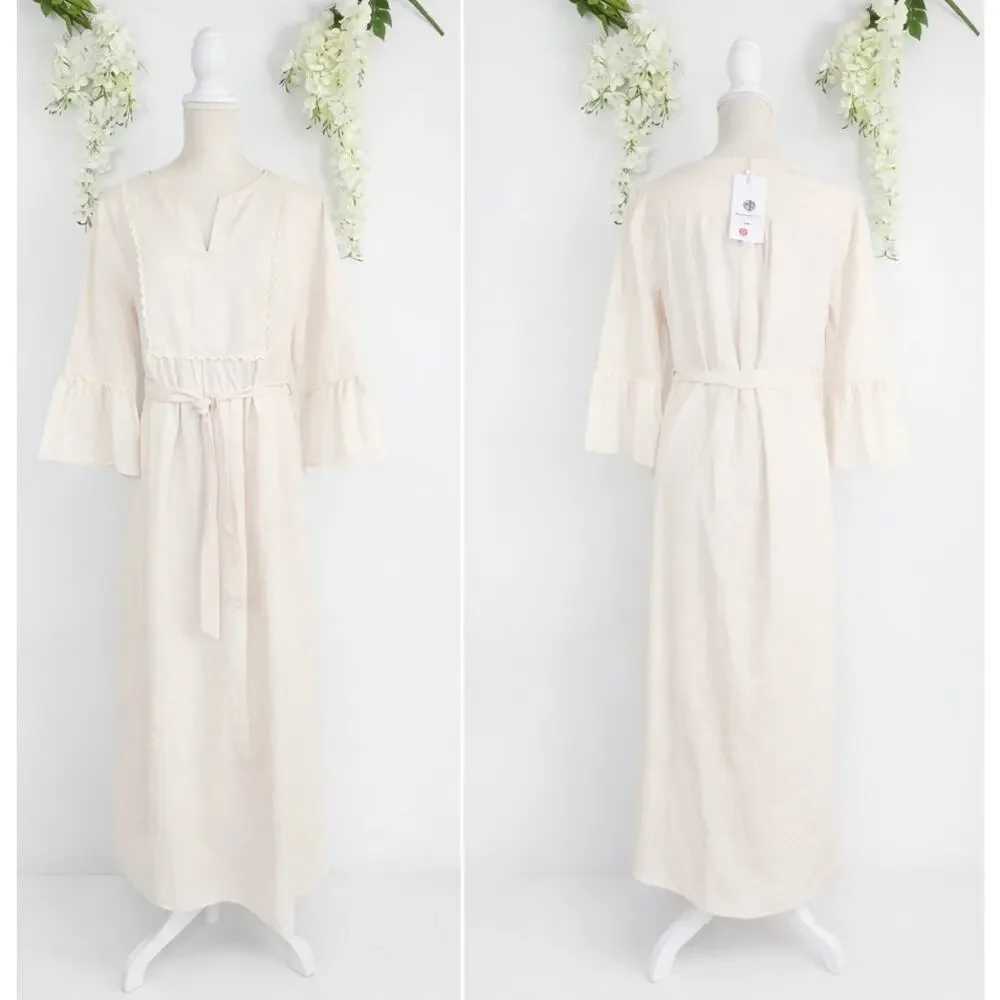 New MEROKEETY Midi Dress Medium Cream Tie Waist Bell Sleeve Cottagecore Milkmaid - Picture 3 of 13